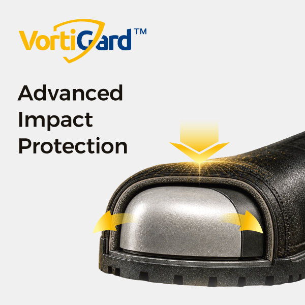 Ударопрочная технология защиты пальцев VortiGard™ для защитной обуви Safetoe 4D. HeatVanta™ 技术图